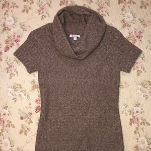 Tan cowl neck short sleeve sweater